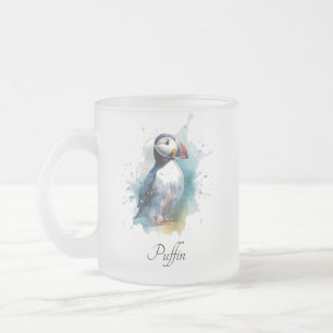 Caneca De Café Vidro Jateado Adorável Puffin Aquarela, personalizado