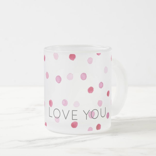 Caneca De Café Vidro Jateado AMO-TE Bolinhas Rosa, doce Namorados, diversão (Frente Esquerda)