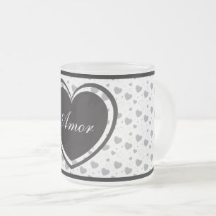 Caneca De Café Vidro Jateado Amor Cinza brilhante corações românticos fofos