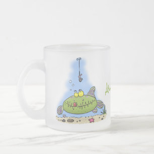Caneca De Café Vidro Jateado Animação de peixe verde esfomeado e gordo