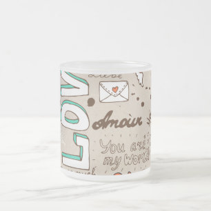 Caneca De Café Vidro Jateado Arte de Padrão Doodle de Amor Multilíngue
