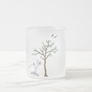 Caneca De Café Vidro Jateado Árvore com flores em fundo azul