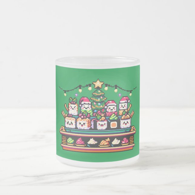 Caneca De Café Vidro Jateado Árvore de Natal Festivo Sushi - Pixel de Arte (Centro)