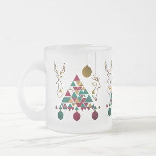 Caneca De Café Vidro Jateado Árvore de Natal Geométrica Moderna & Renas Dourada