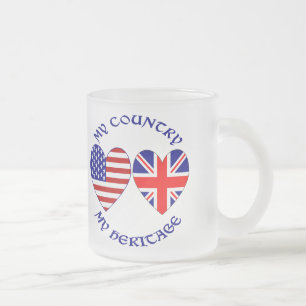 Caneca De Café Vidro Jateado Bandeiras Coração EUA Reino Unido País Herança
