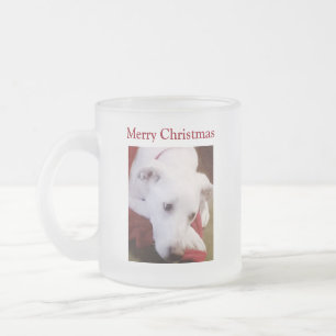 Caneca De Café Vidro Jateado Belo Cachorro Branco Neve, Feliz Natal Vermelho