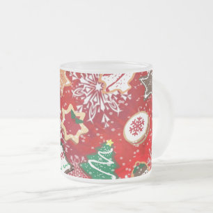 Caneca De Café Vidro Jateado Biscoitos de Natal e Flocos de Neve em Vermelho