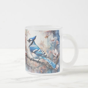 Caneca De Café Vidro Jateado Blue Jay Cherry Blossoms aquarela