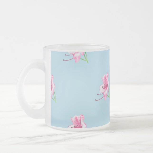 Caneca De Café Vidro Jateado Blue mug with pink Lilly's  (Esquerda)