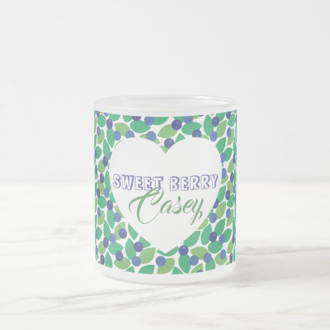 Caneca De Café Vidro Jateado Blueberries Pattern Modern Green Blue Customize. (Centro)