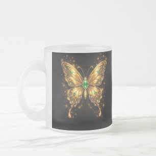 Caneca De Café Vidro Jateado Borboleta Cristal Esmeralda Dourada