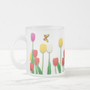Caneca De Café Vidro Jateado Borboleta e tulipas