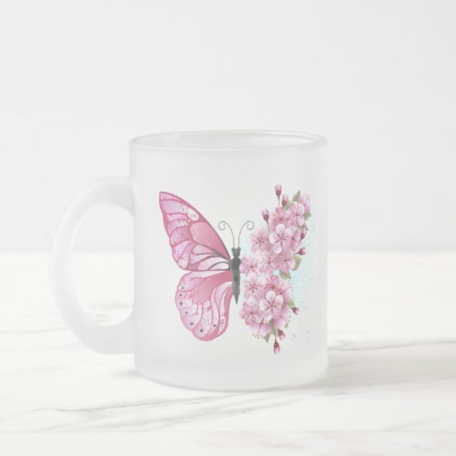 Caneca De Café Vidro Jateado Borboleta Flor com Sakura Rosa (Esquerda)