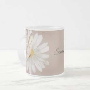 Caneca De Café Vidro Jateado Borboletas e flores personalizadas de aquarelas