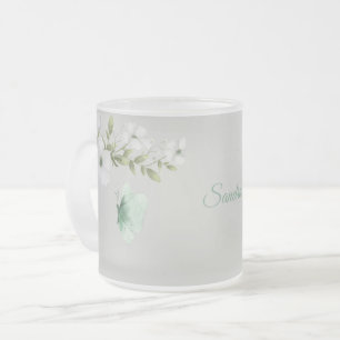 Caneca De Café Vidro Jateado Borboletas e flores personalizadas de aquarelas