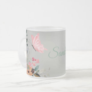 Caneca De Café Vidro Jateado Borboletas e flores personalizadas de aquarelas