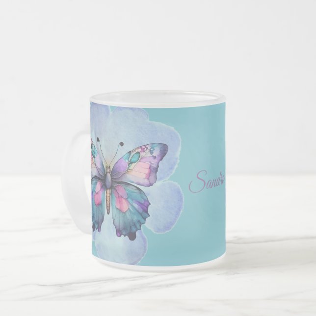 Caneca De Café Vidro Jateado Borboletas e flores personalizadas de aquarelas (Frente Esquerda)
