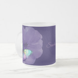 Caneca De Café Vidro Jateado Borboletas e flores personalizadas de aquarelas