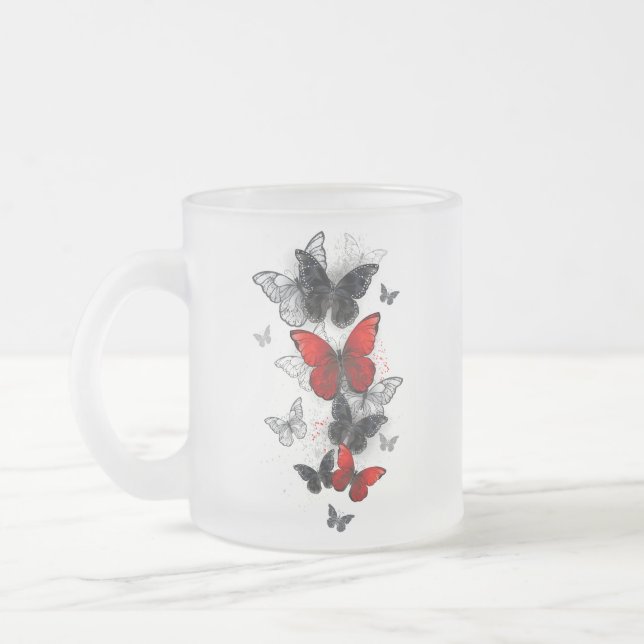 Caneca De Café Vidro Jateado Borboletas Negras e Vermelhas (Esquerda)