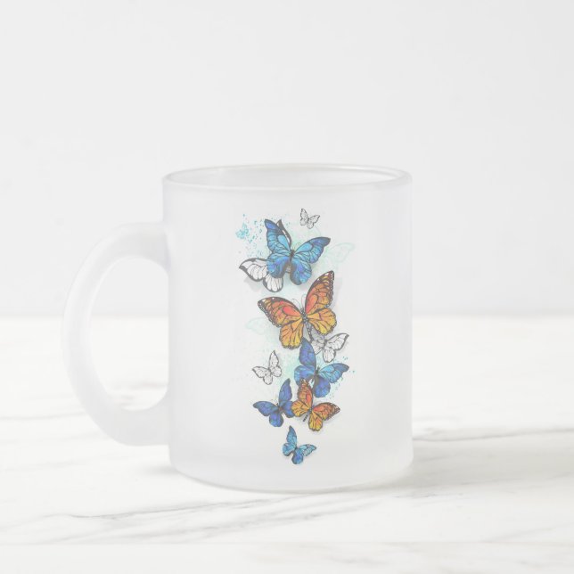 Caneca De Café Vidro Jateado Borboletas voadoras Morpho e Monarca (Esquerda)