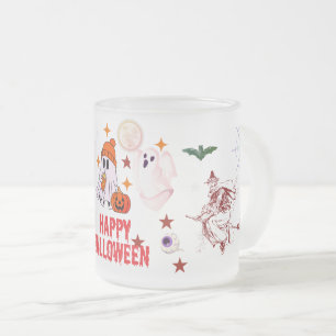 Caneca De Café Vidro Jateado Bruxa Fofa e Assustadora, Morcego e Desenho de Mar
