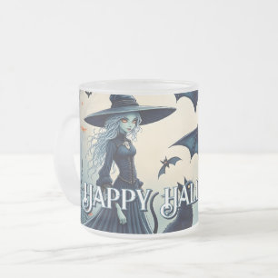Caneca De Café Vidro Jateado Bruxa, Gato Preto e Morcegos no Céu do Crepúsculo