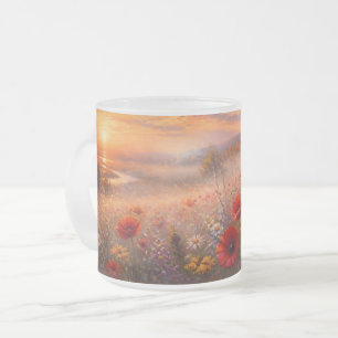 Caneca De Café Vidro Jateado Campo de Papoulas ao Pôr do Sol Pintura Impression