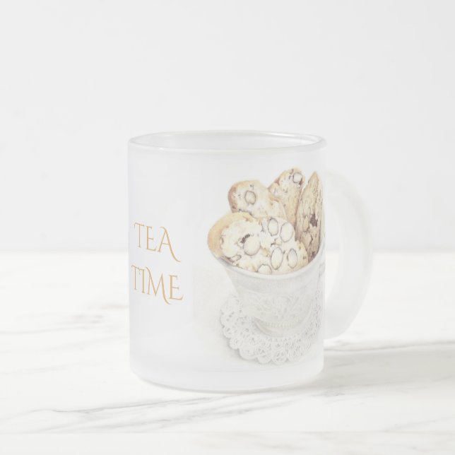 CANECA DE CAFÉ VIDRO JATEADO CANECA DE VIDRO FROSTED "TEA TIME" BISCOTTI (Frente Esquerda)