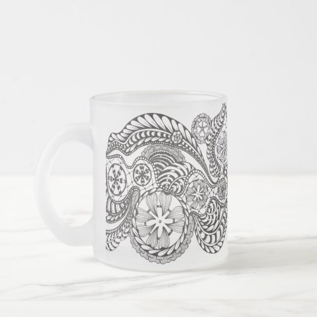Caneca De Café Vidro Jateado Caprichosos Flores de Renda Zentangle Ornamentais  (Esquerda)
