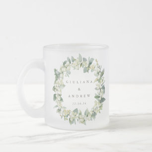 Caneca De Café Vidro Jateado Casamento Elegante de Snowberry+Eucalyptus Wreath