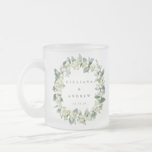 Caneca De Café Vidro Jateado Casamento Elegante de Snowberry+Eucalyptus Wreath (Esquerda)