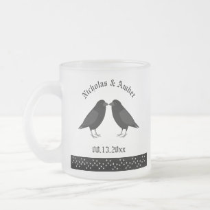 Caneca De Café Vidro Jateado Casamento Gótico Corvos Beijando Personalizado