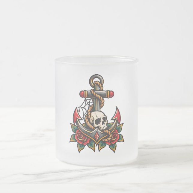 Caneca De Café Vidro Jateado Caveira e Âncora (Centro)