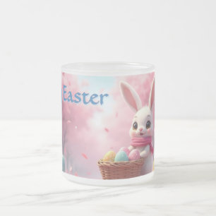 Caneca De Café Vidro Jateado Coelho de Páscoa Fofo com Cesta de Ovos Coloridos