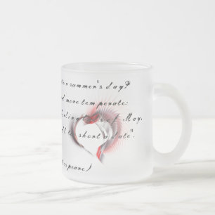 Caneca De Café Vidro Jateado Coração Metálico com o soneto de Shakespeare 18
