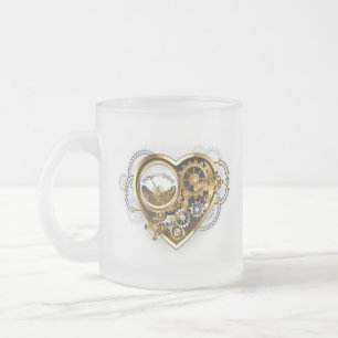 Caneca De Café Vidro Jateado Coração Steampunk com Manômetro