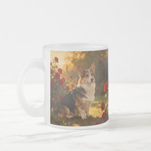 Caneca De Café Vidro Jateado Corgi nas Rosas I