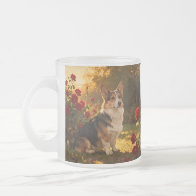Caneca De Café Vidro Jateado Corgi nas Rosas I (Esquerda)