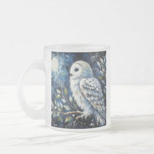 Caneca De Café Vidro Jateado Coruja Branca em Ramificação em Pintura à Lua