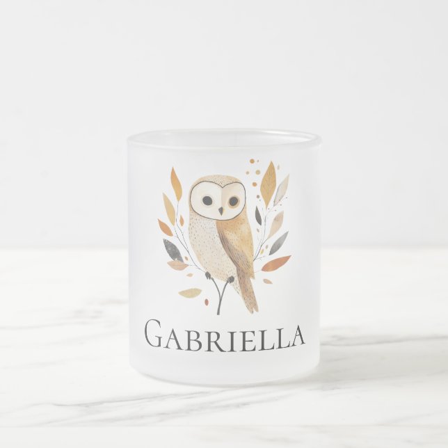 Caneca De Café Vidro Jateado Cream Orange Owl com Folhas (Centro)