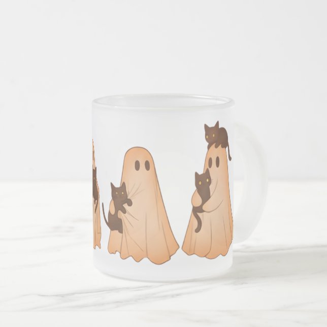 Caneca De Café Vidro Jateado Cute Ghost and Black Cat Halloween Mug (Frente Esquerda)