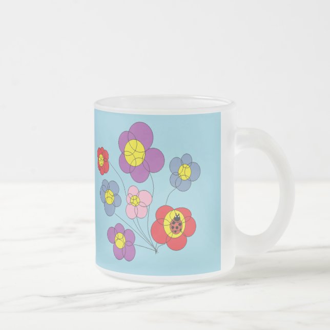Caneca De Café Vidro Jateado Cute Ladybug and Flowers Blue (Direita)
