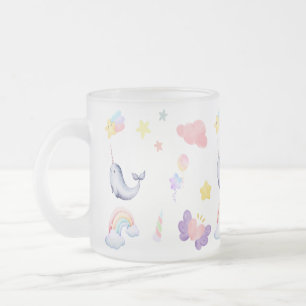 Caneca De Café Vidro Jateado Cute Narwhale Fish Unicorn Rainbow sea Aniversário
