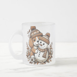 Caneca De Café Vidro Jateado Cute Winter Duo: Cachorro no Chapéu e Neve Padrão