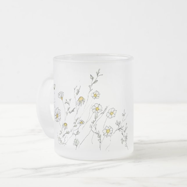 Caneca De Café Vidro Jateado Daisy's - White Watercolor Dasies (Frente Esquerda)