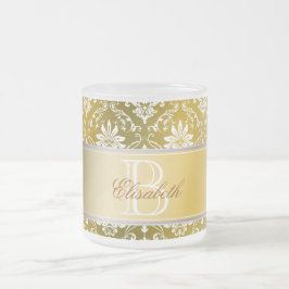 Caneca De Café Vidro Jateado Damasco amarelo do monograma e branco dourado