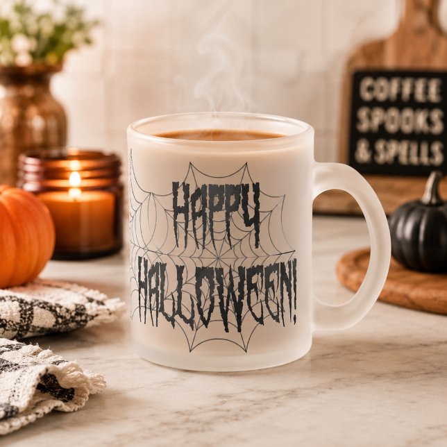 Caneca De Café Vidro Jateado Dedos e Teia de Aranha do Halloween (Halloween Spider Fingers and Web Frosted Glass Coffee Mug)
