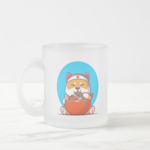 Caneca De Café Vidro Jateado Desenho Animado de Shiba Inu Fofo Comendo Macarrão