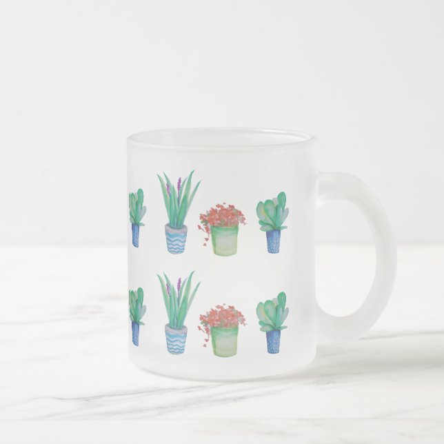 Caneca De Café Vidro Jateado Design de Aquarelas e Succulções (Direita)