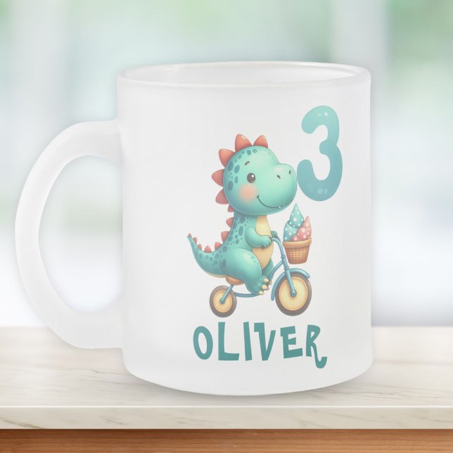 Caneca De Café Vidro Jateado Dinossauro Gelado com Bicicleta 3º Aniversário (Criador carregado)